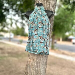 INC International Concepts Teal and Brown Paisley Halter Top